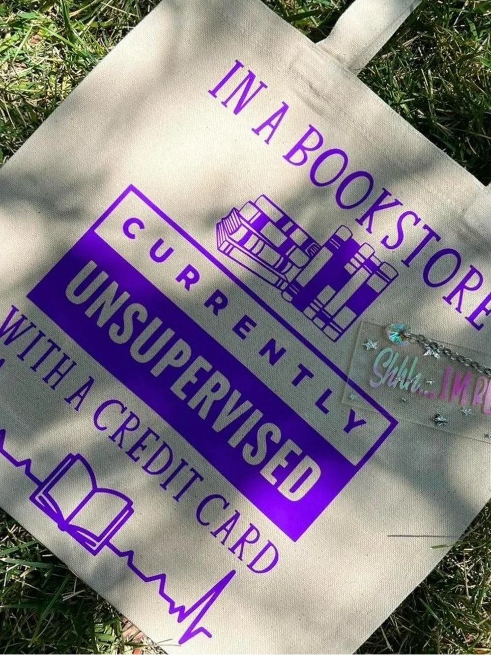Handmade Bookstore Tote with Purple Text